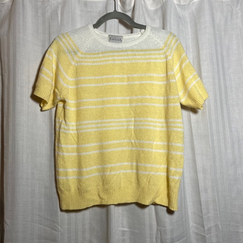 VTG Basic Editions Yellow White Striped Knit Sweater Short Sleeve Crew Neck L‎